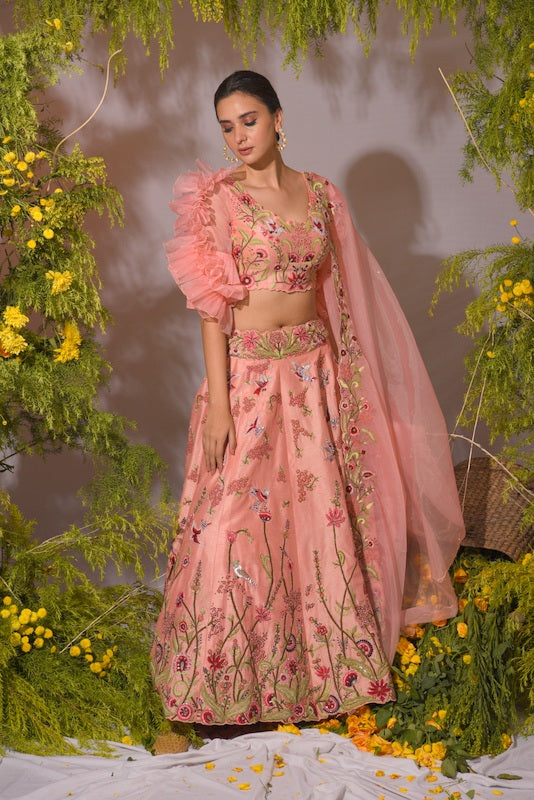 Peach embroidered  lehenga set