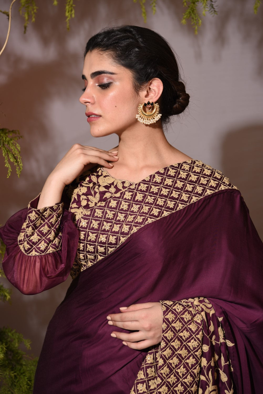 Wine embroidered sari with blouse