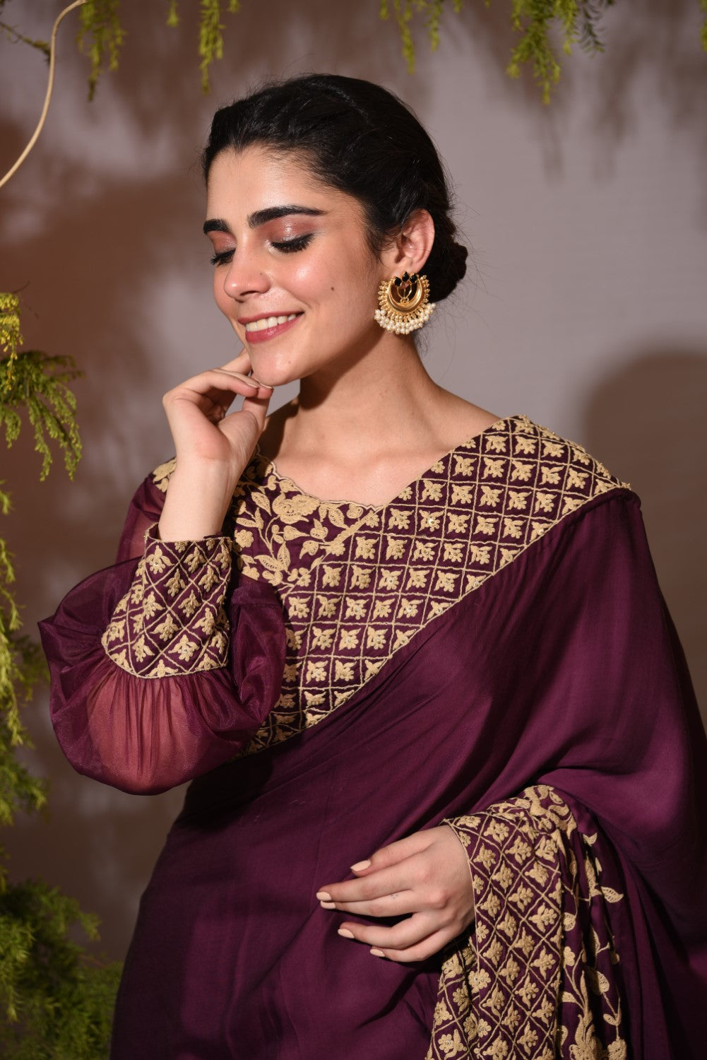 Wine embroidered sari with blouse
