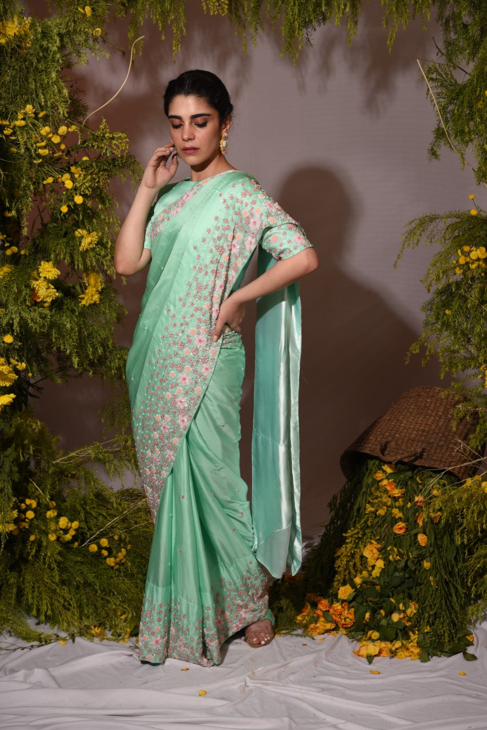 Green embellished sari