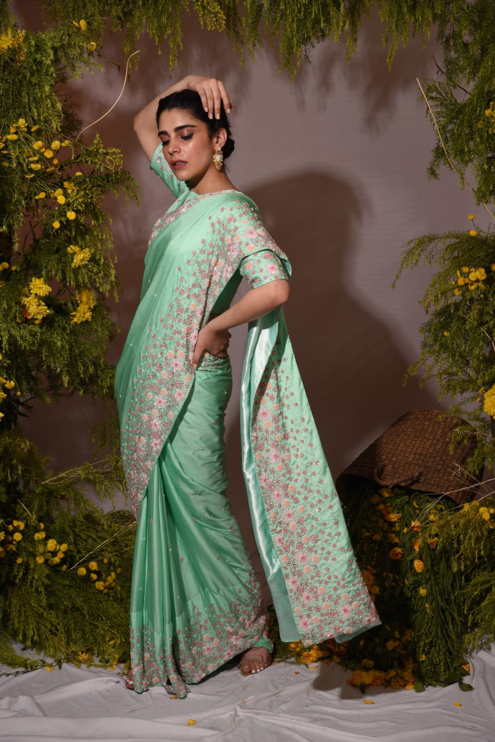 Green embellished sari