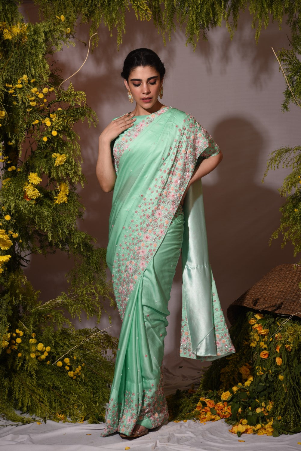 Green embellished sari