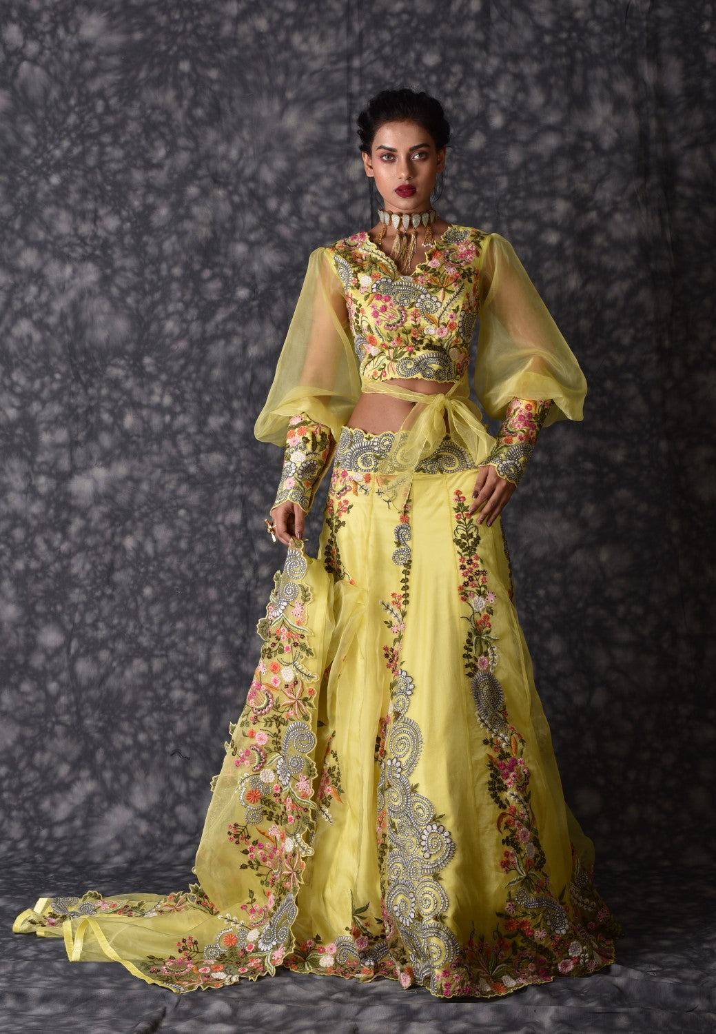 Lemon yellow embroidered lehenga set
