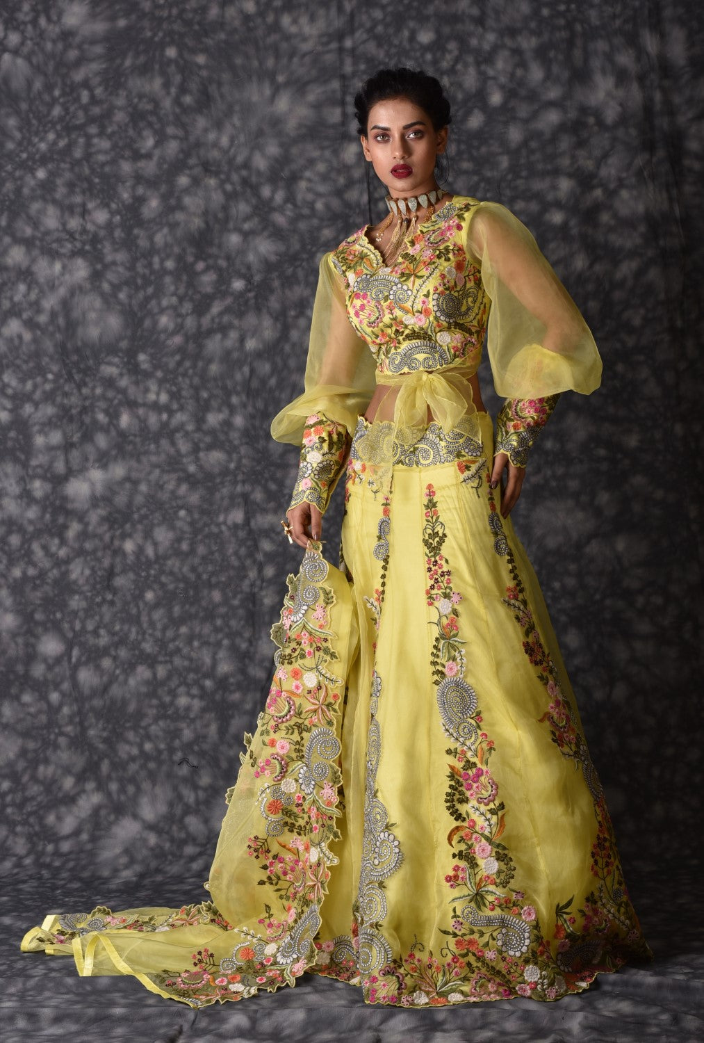 Lemon yellow embroidered lehenga set