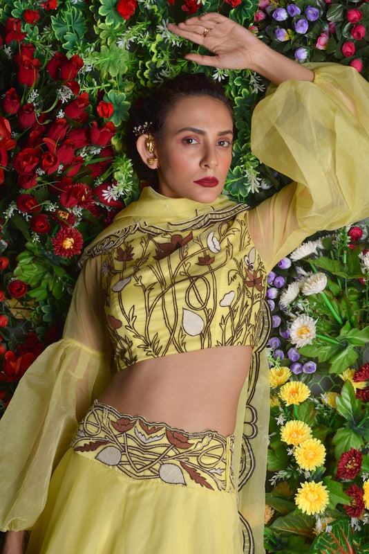 Lemon yellow embroidered lehenga set