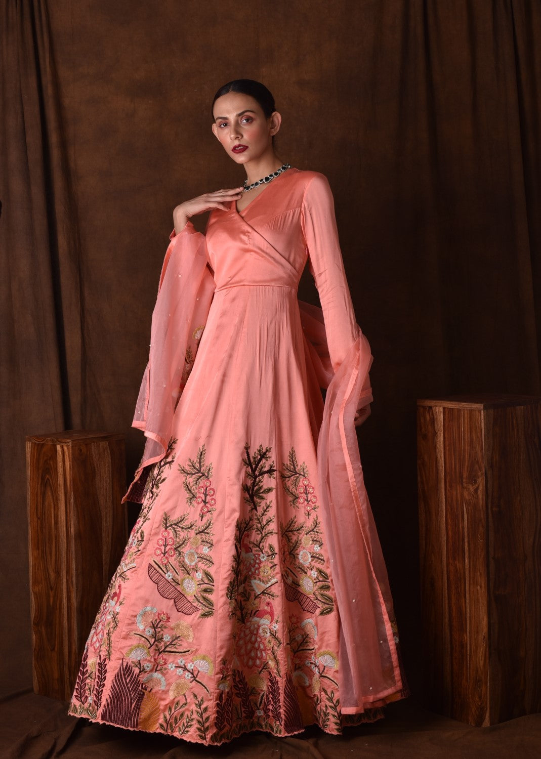Peach embroidered anarkali gown set