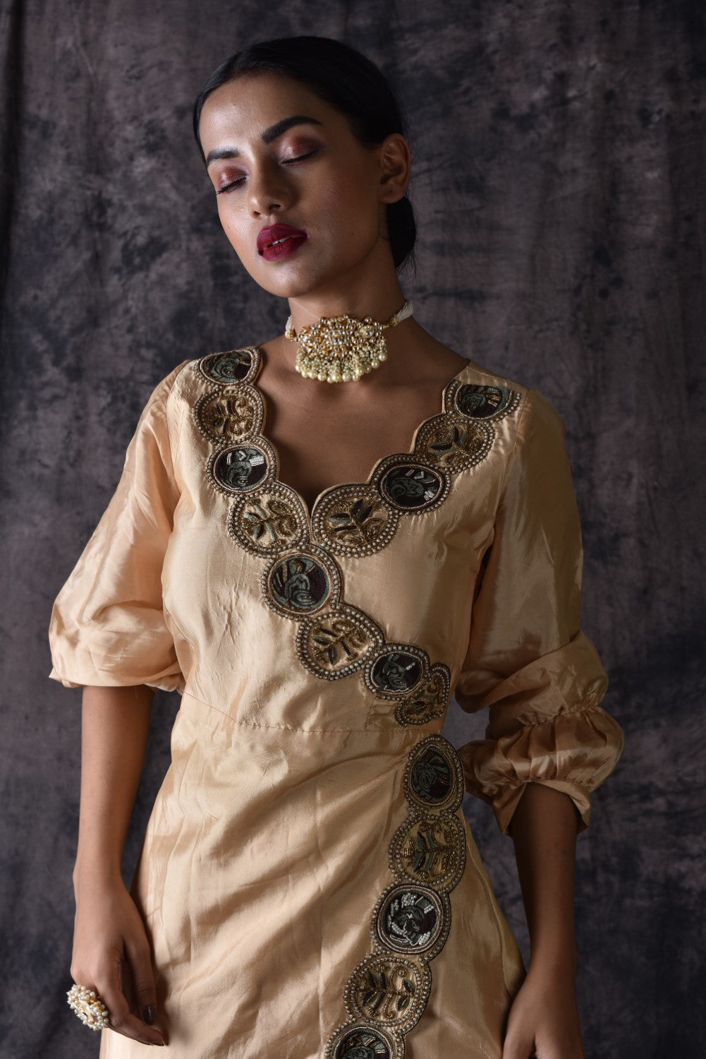 Beige side slit asymmetric kurti set