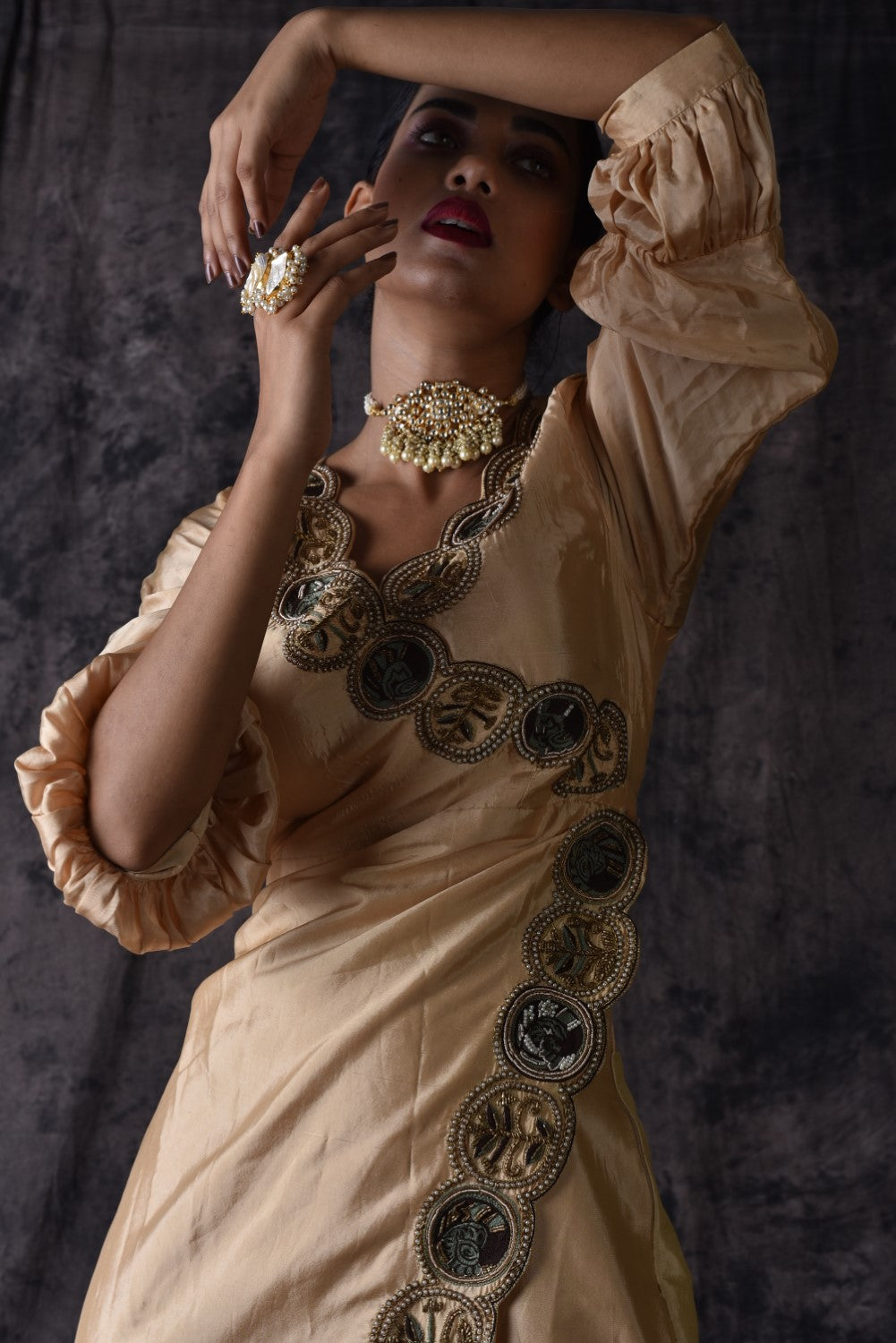 Beige side slit asymmetric kurti set