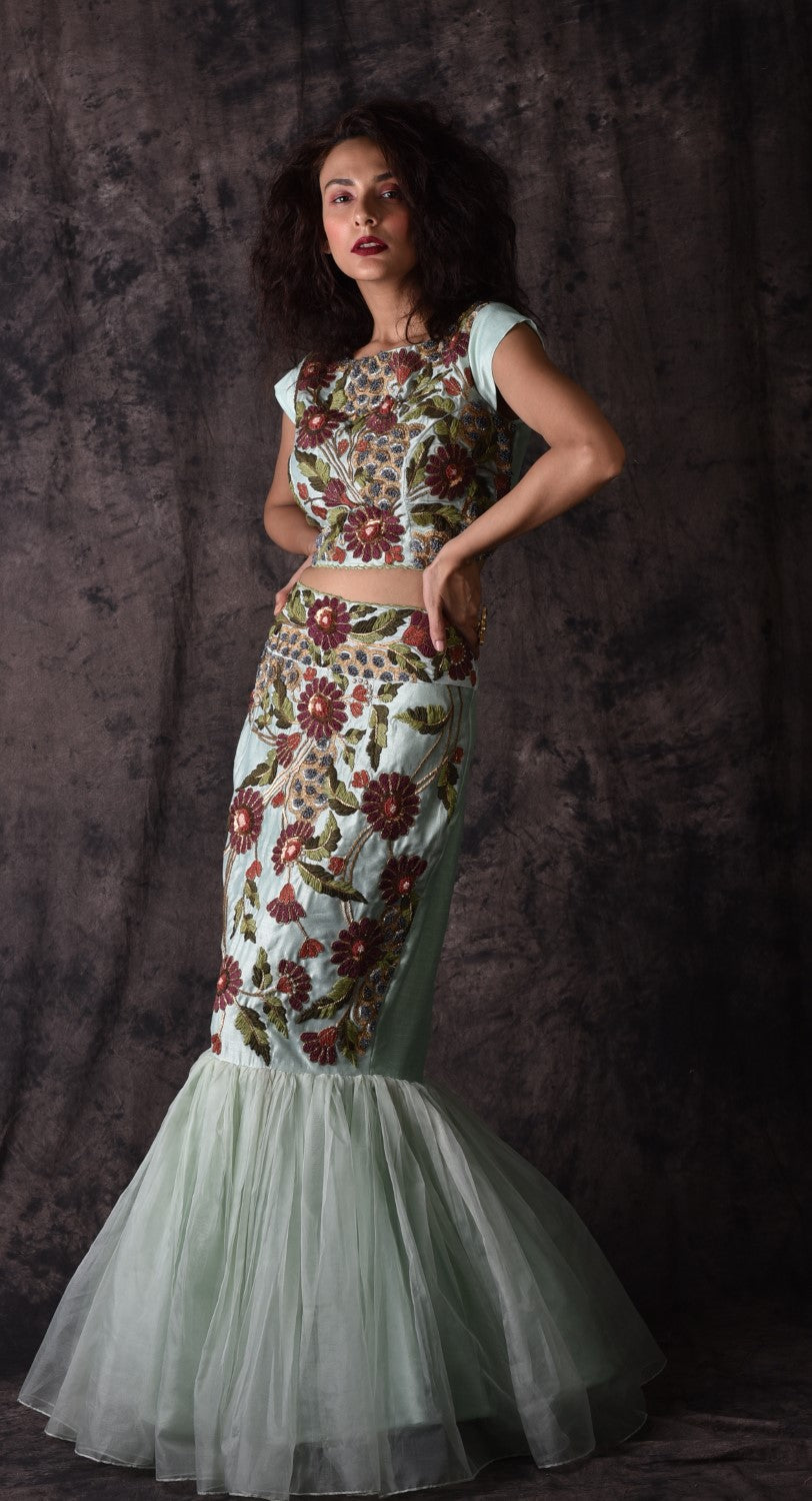 Mint green embroidered top and skirt set