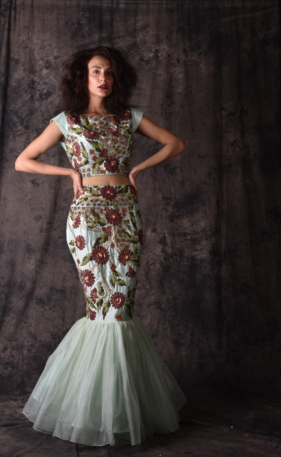 Mint green embroidered top and skirt set