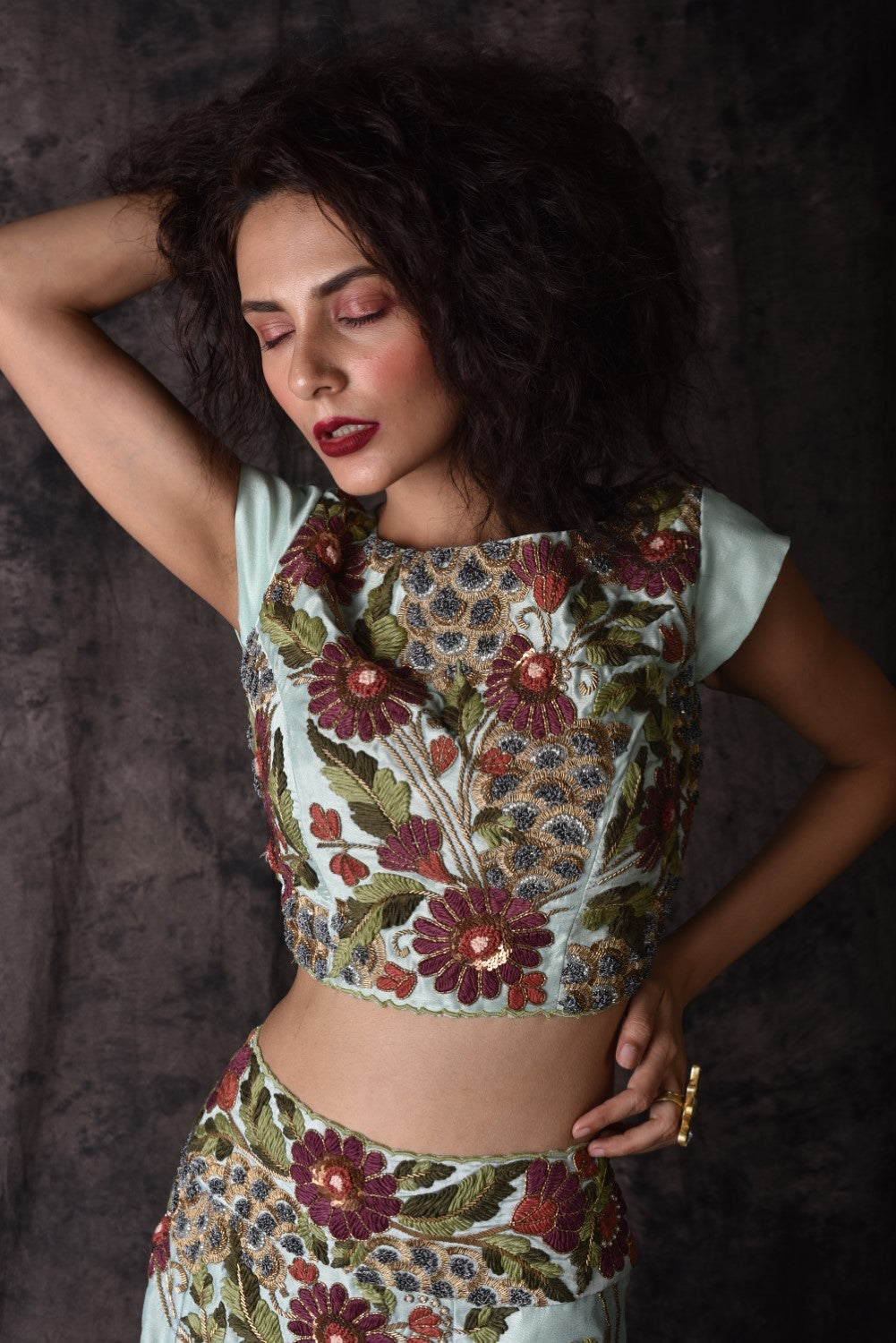 Mint green embroidered top and skirt set
