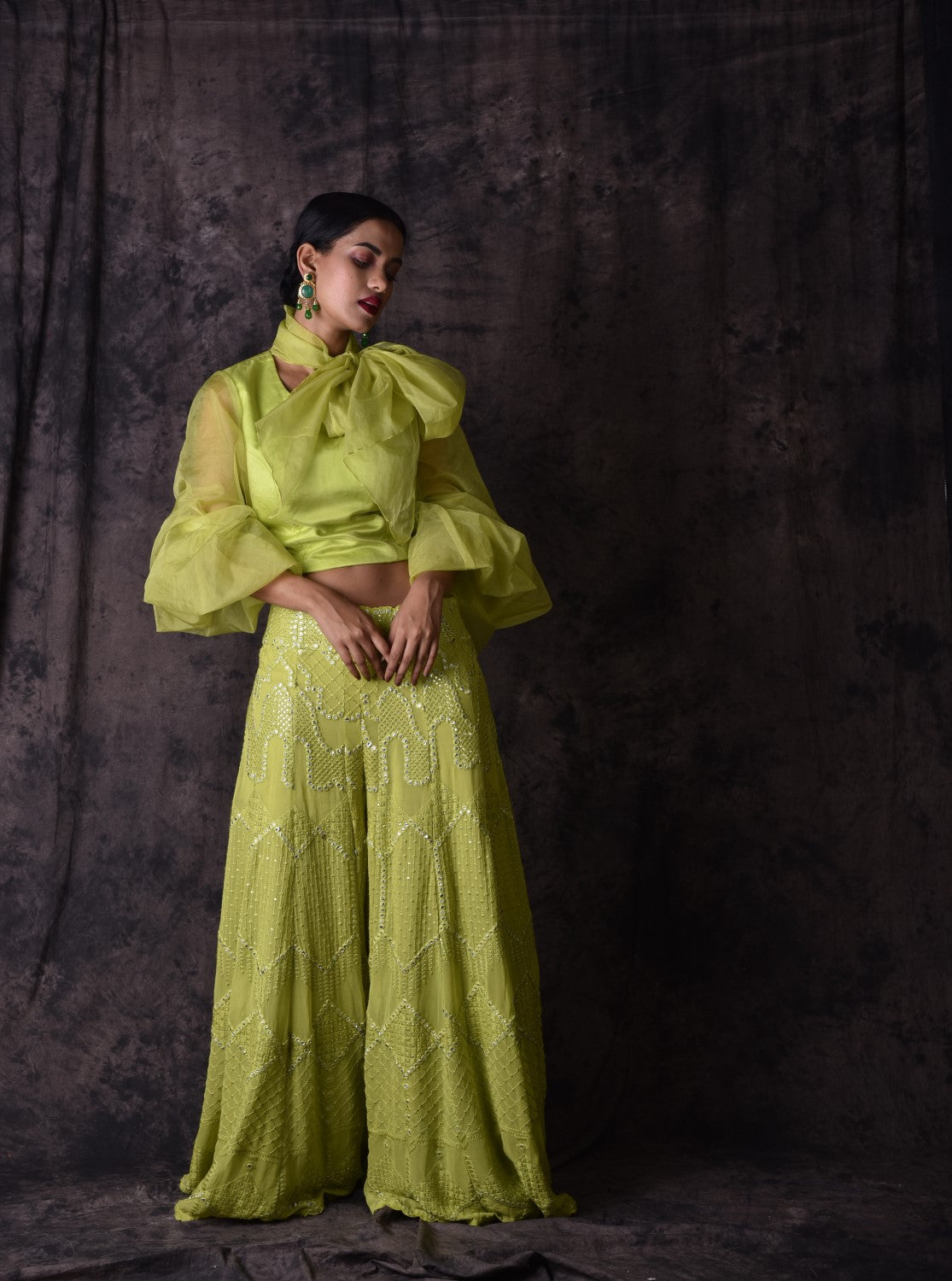 Pista green chikankari flared palazzo set