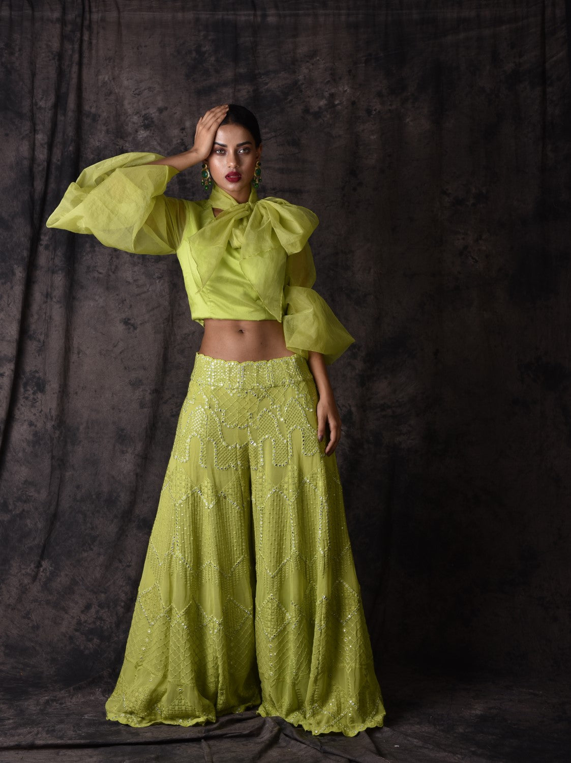 Pista green chikankari flared palazzo set