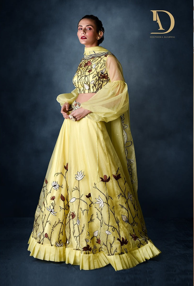 Lemon yellow embroidered lehenga set