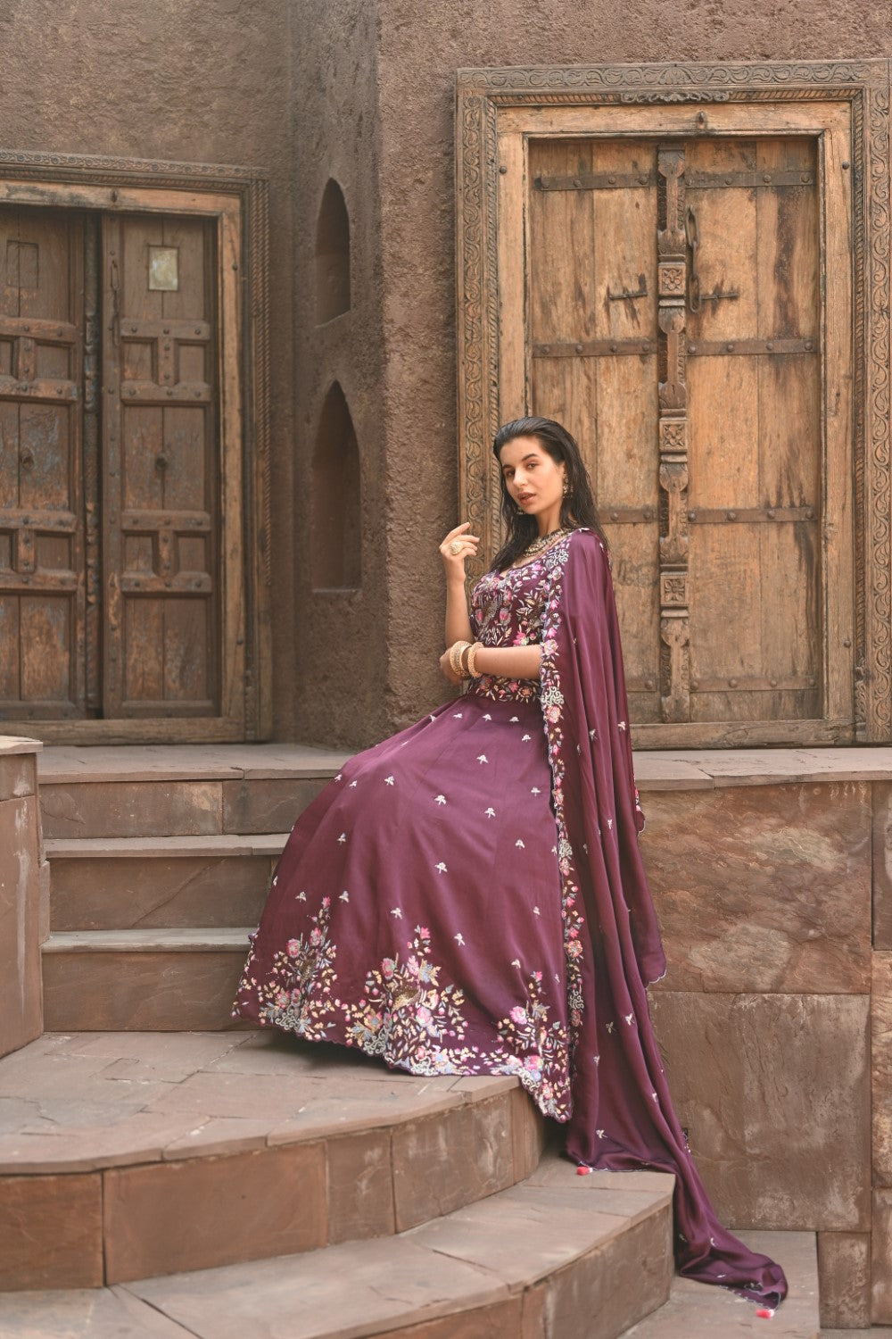 Wine embellished lehenga set