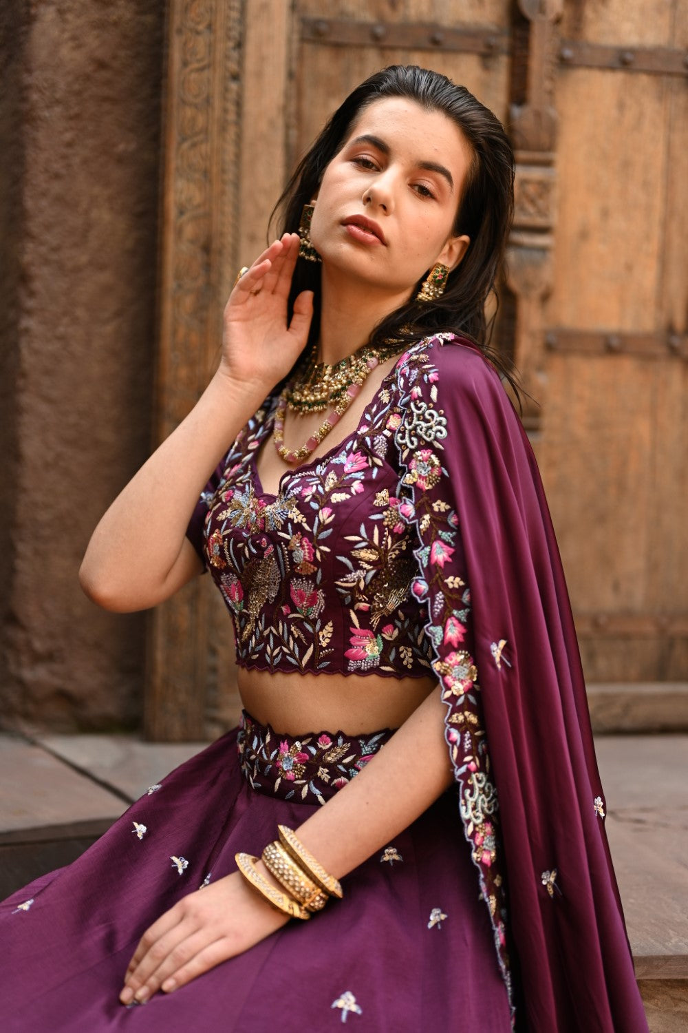Wine embellished lehenga set