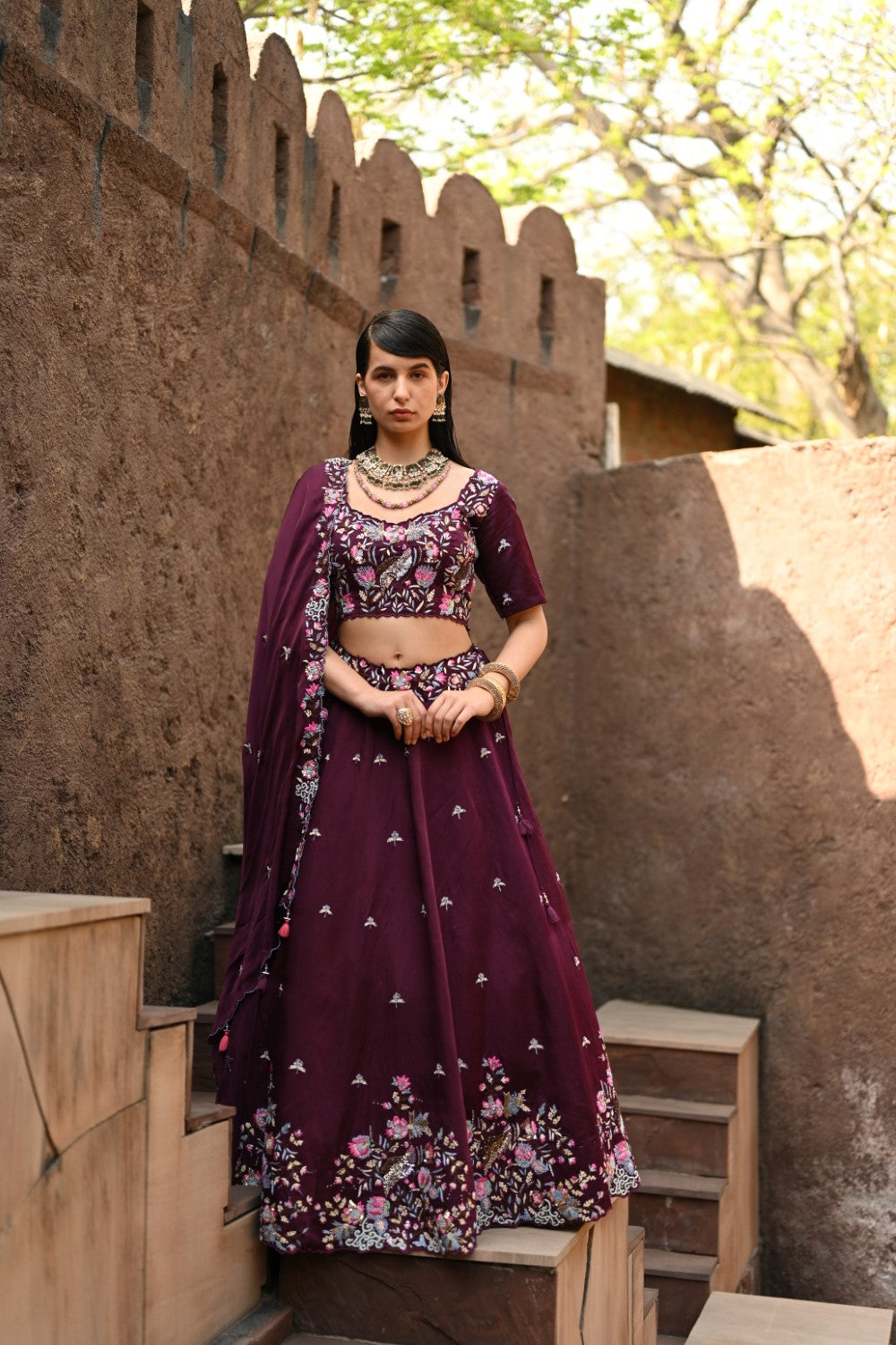 Wine embellished lehenga set