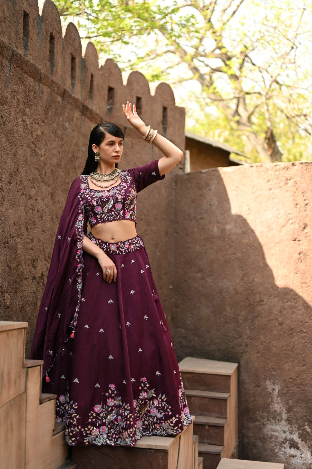 Wine embellished lehenga set