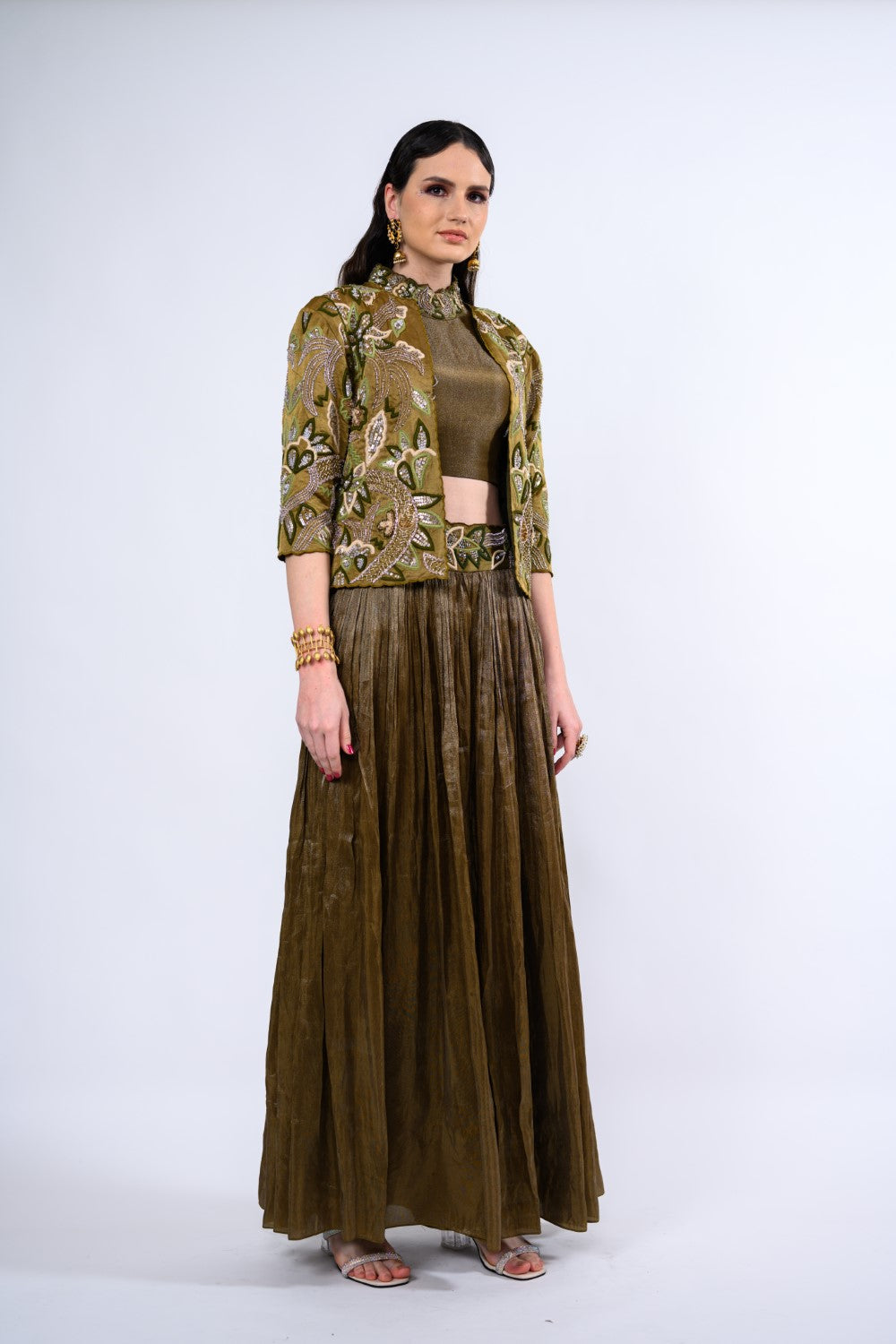 Olive Jacket Embellished Palazzo Set