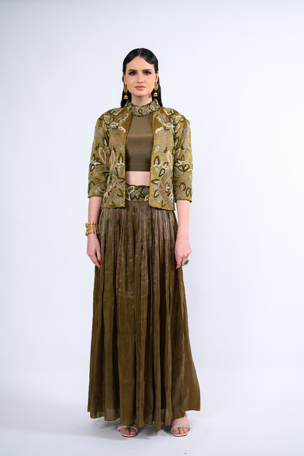Olive Jacket Embellished Palazzo Set