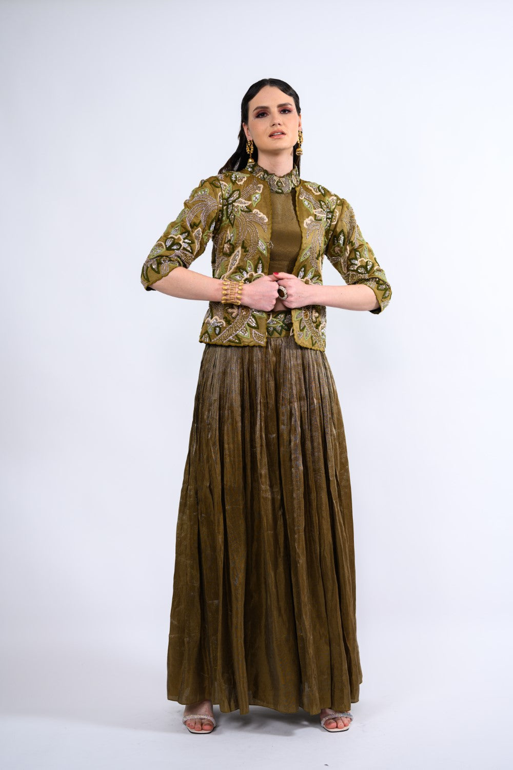 Olive Jacket Embellished Palazzo Set