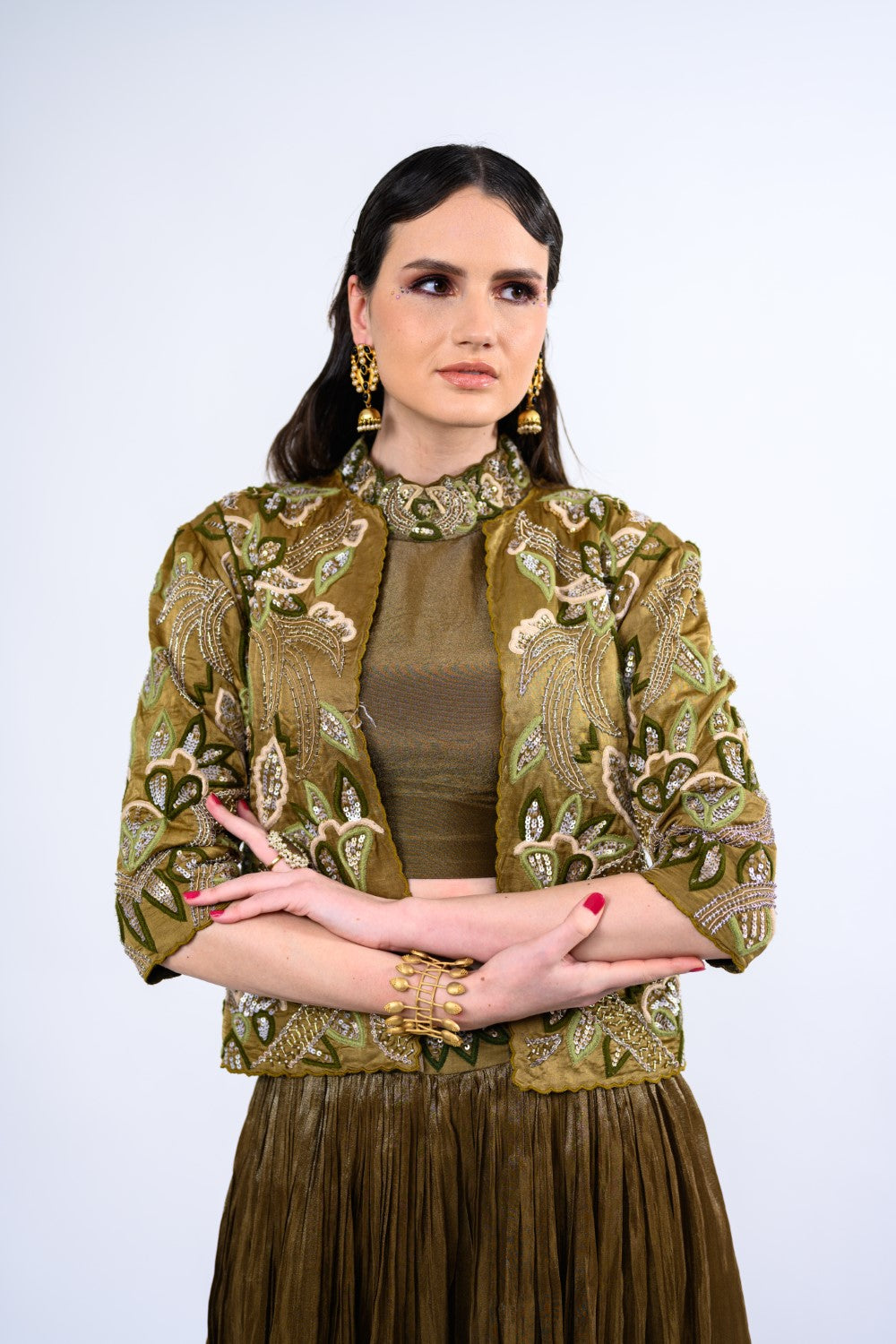 Olive Jacket Embellished Palazzo Set