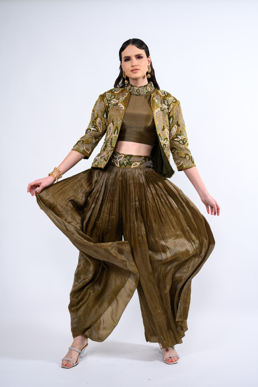 Olive Jacket Embellished Palazzo Set