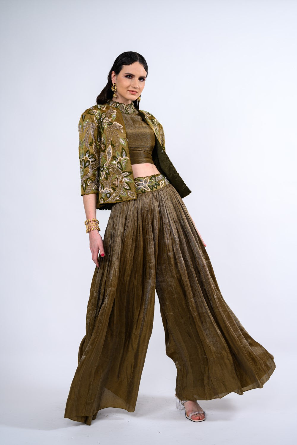 Olive Jacket Embellished Palazzo Set