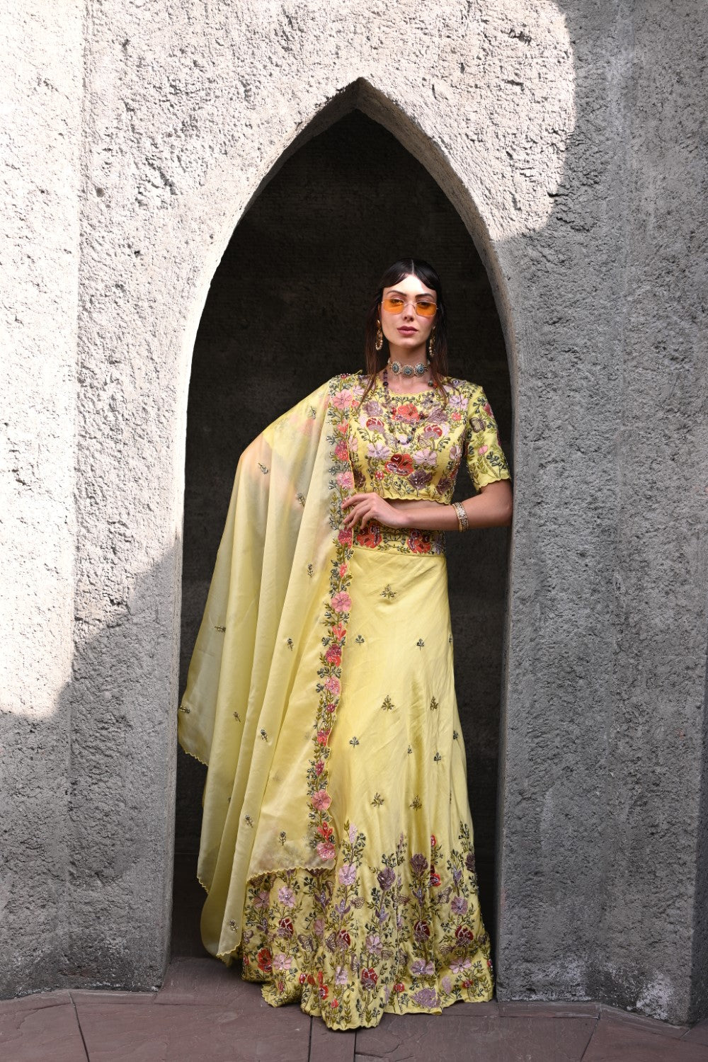 Lemon yellow embroidered lehenga set
