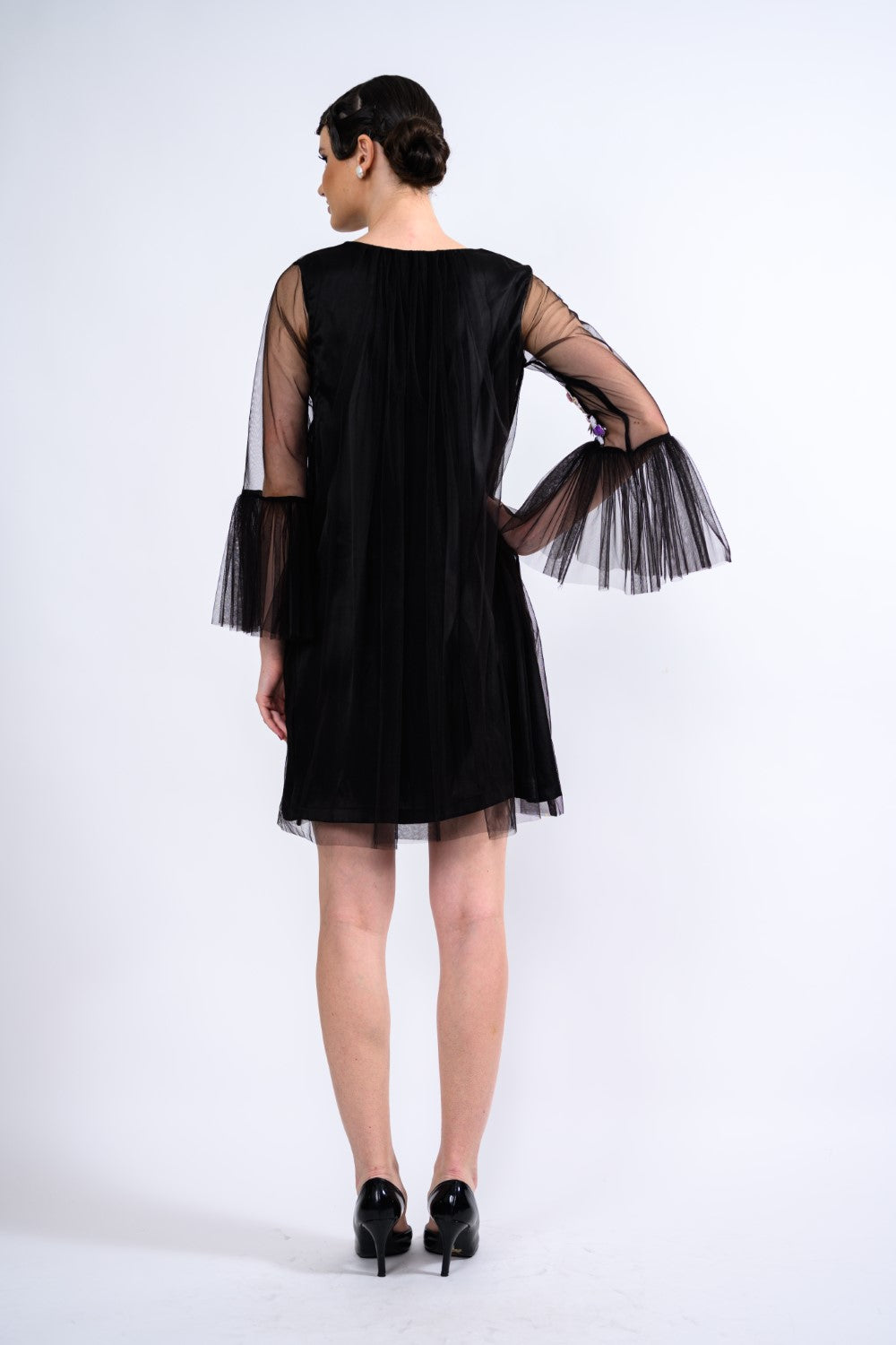 Black Frill Sleeve Sheer Short Dress