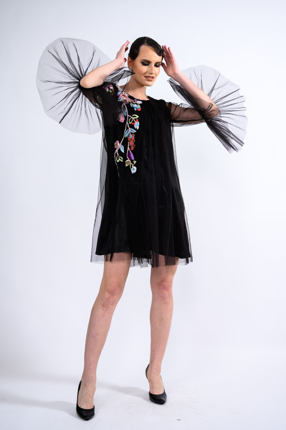 Black Frill Sleeve Sheer Short Dress