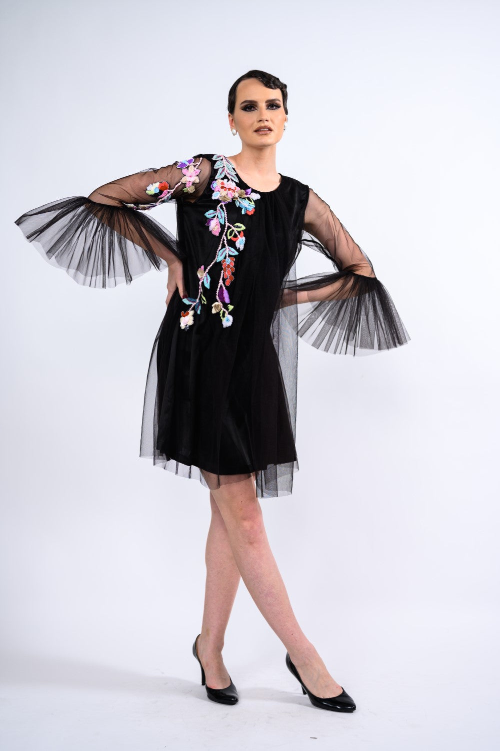 Black Frill Sleeve Sheer Short Dress