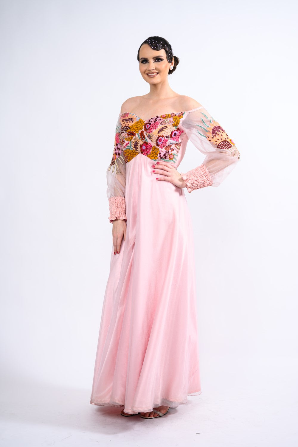 Pink Off-shoulder Embroidered Jumpsuit