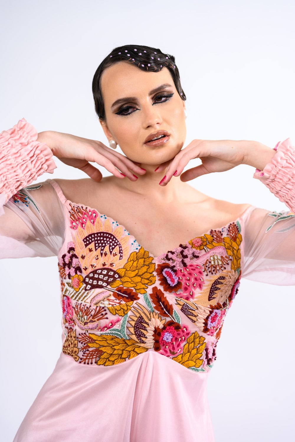 Pink Off-shoulder Embroidered Jumpsuit