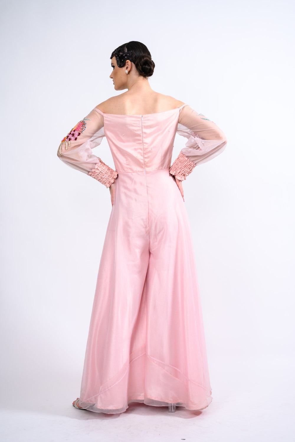 Pink Off-shoulder Embroidered Jumpsuit