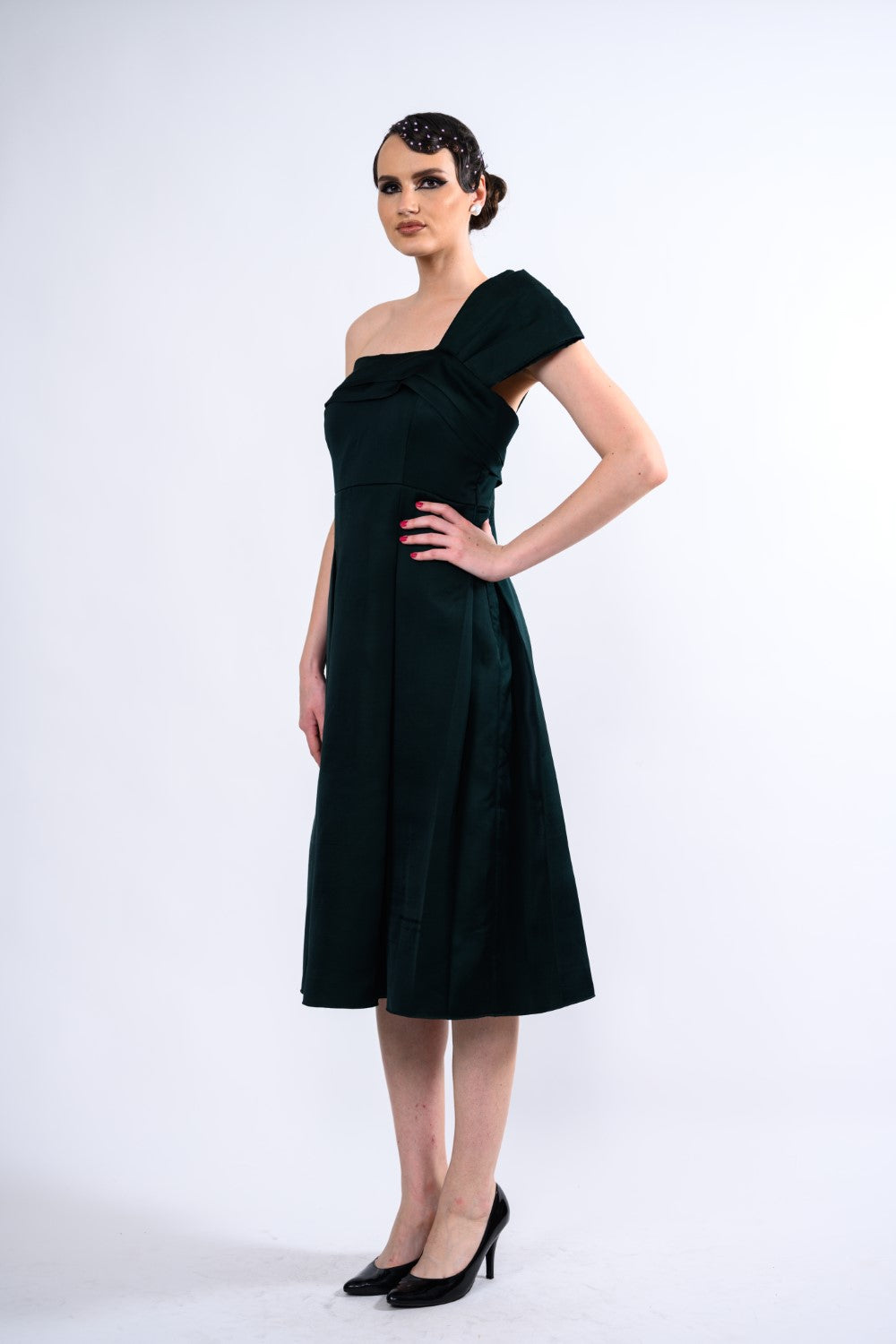 Bottle Green Box Pleat One Shoulder Midi Dress