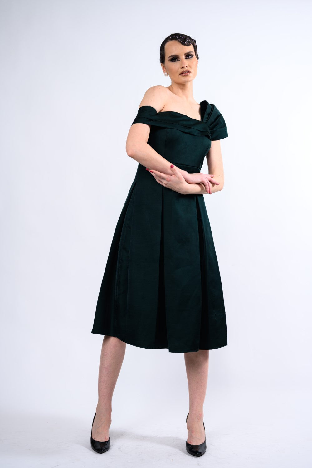 Bottle Green Box Pleat One Shoulder Midi Dress