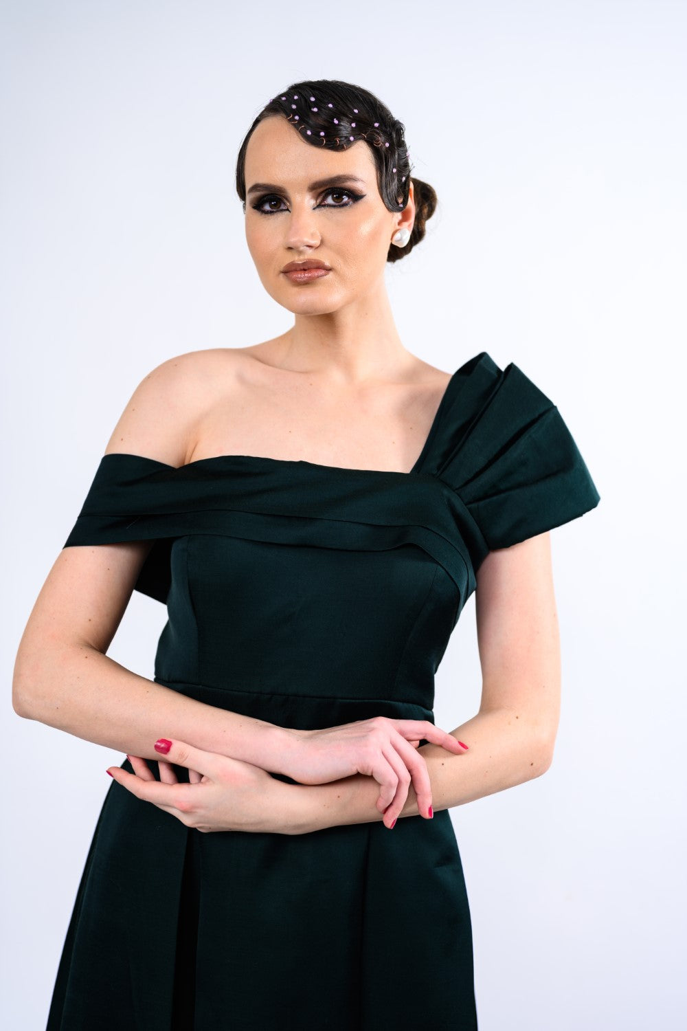 Bottle Green Box Pleat One Shoulder Midi Dress