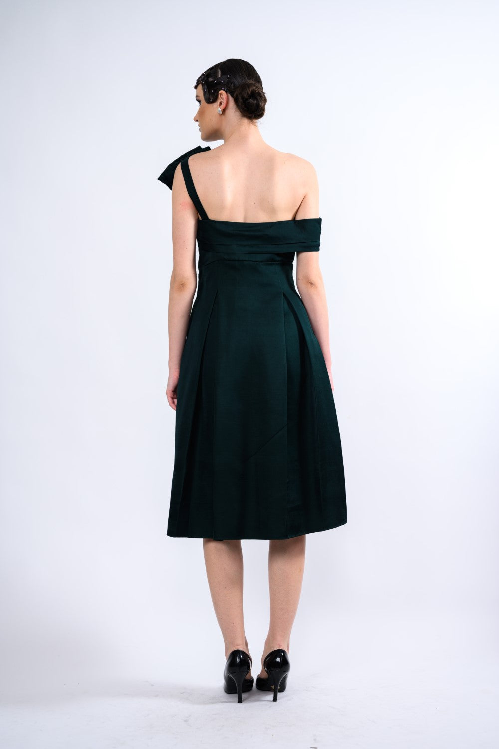 Bottle Green Box Pleat One Shoulder Midi Dress