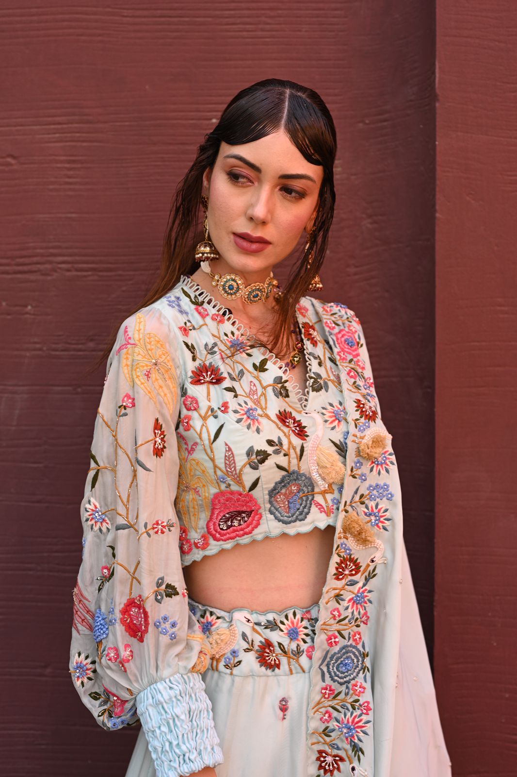 Powder blue flamingo embroidered lehenga set