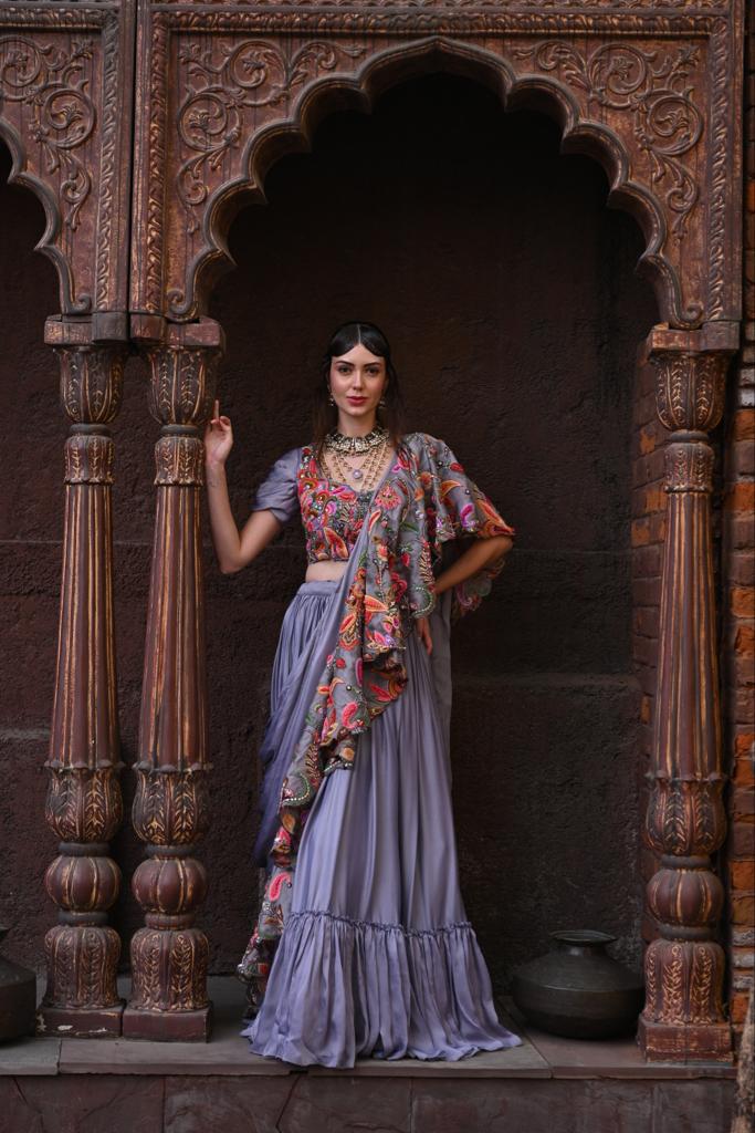 Grey drape lehenga set