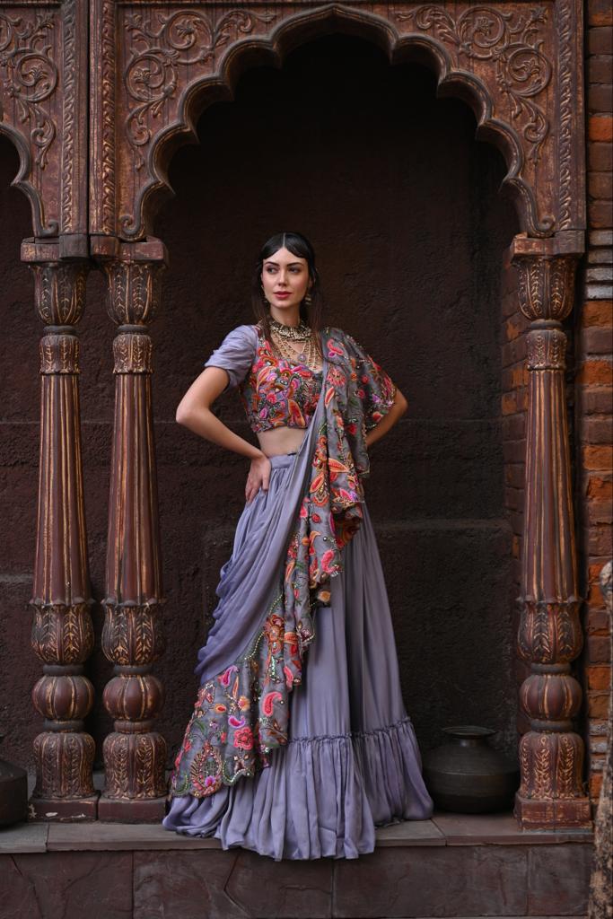 Grey drape lehenga set