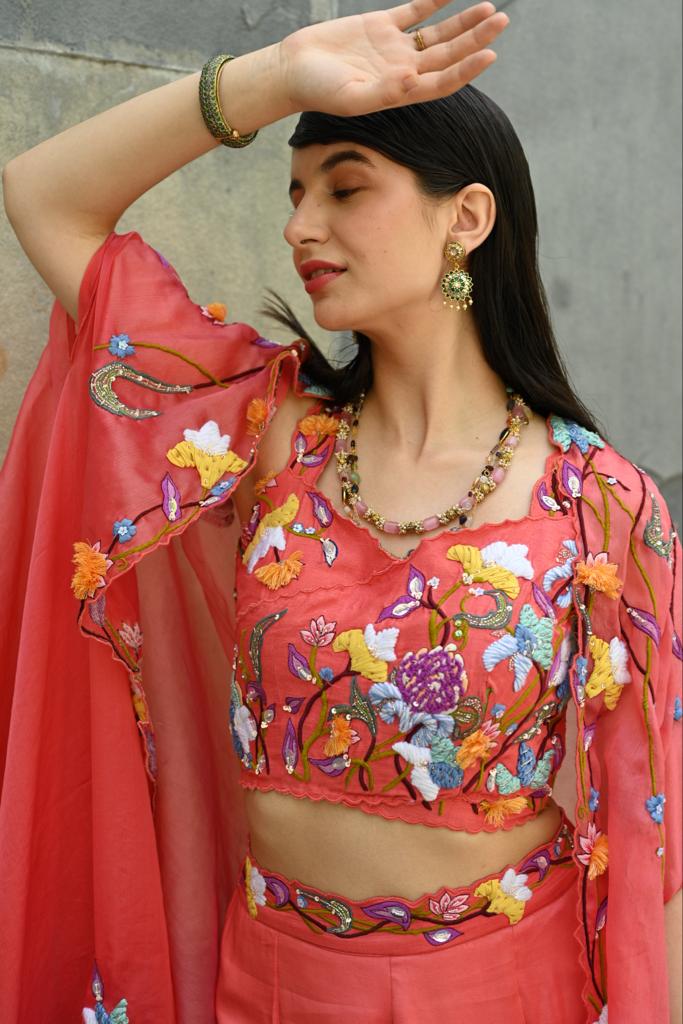 Coral embroidered bell bottom pant with crop top and cape