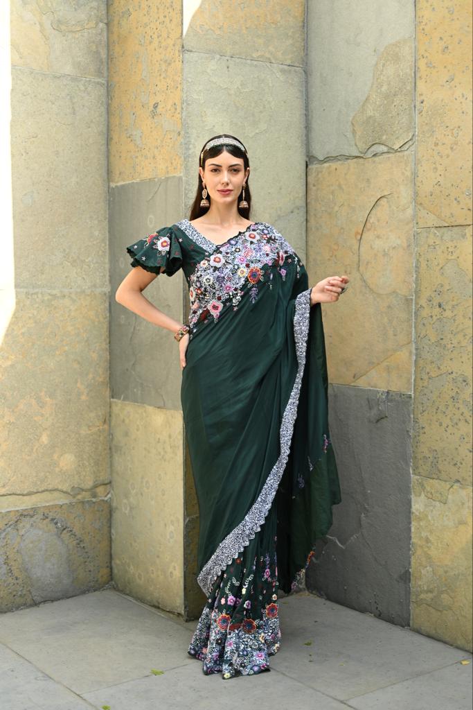 Bottle green embellished saree blouse set