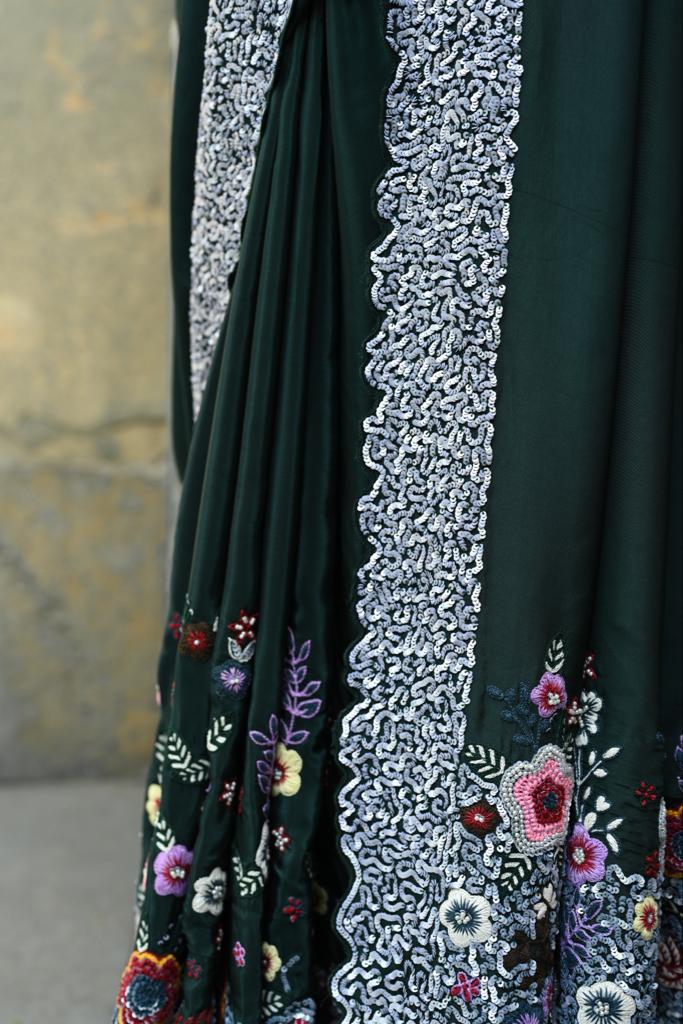 Bottle green embellished saree blouse set