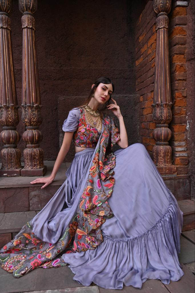 Grey drape lehenga set