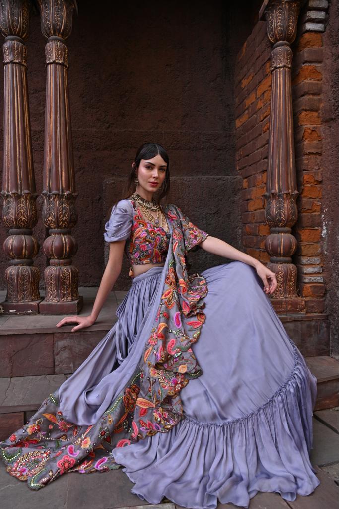 Grey drape lehenga set