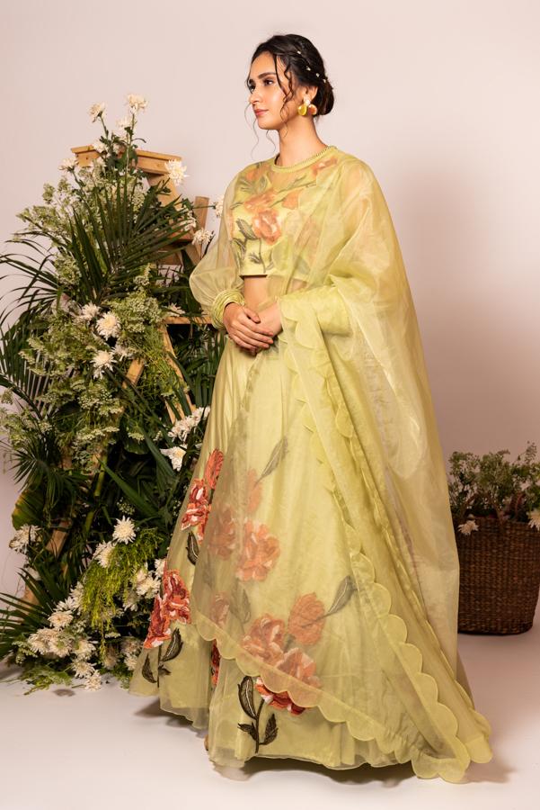 Pista green fish scale sleeves lehenga set