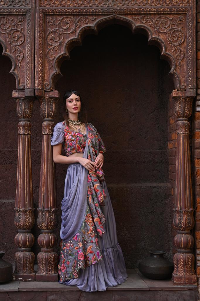 Grey drape lehenga set