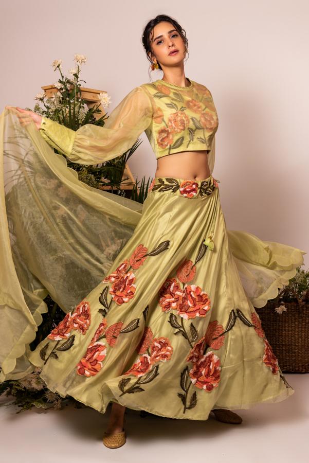 Pista green fish scale sleeves lehenga set